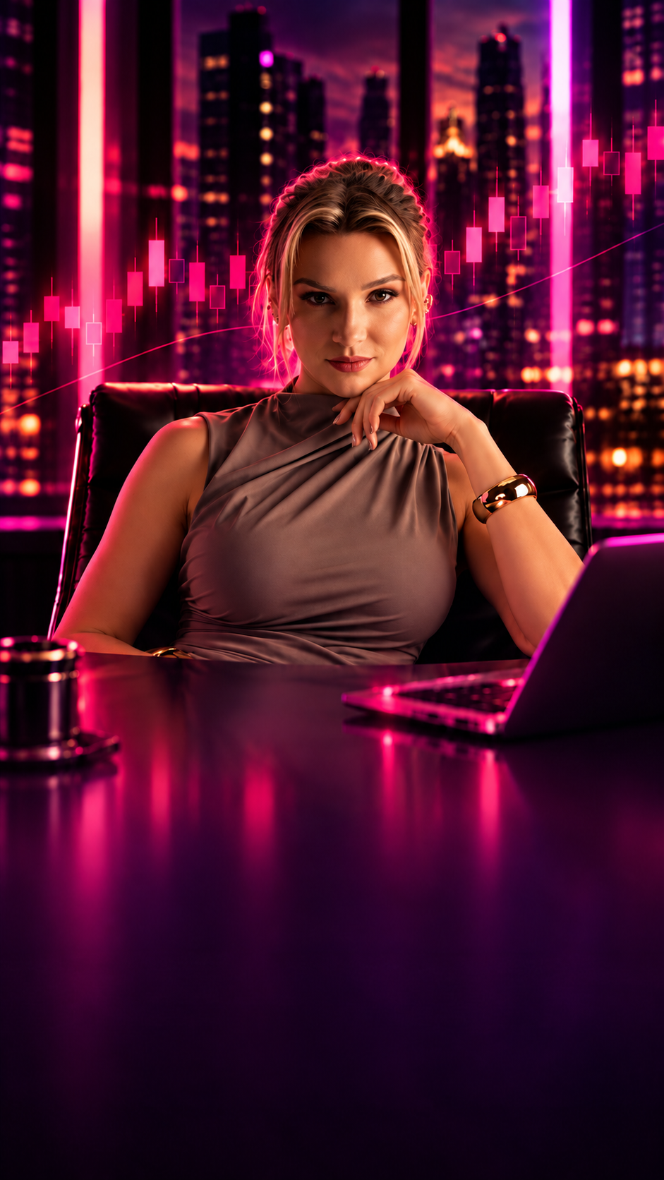 Fernanda Lima em sua mesa de trading